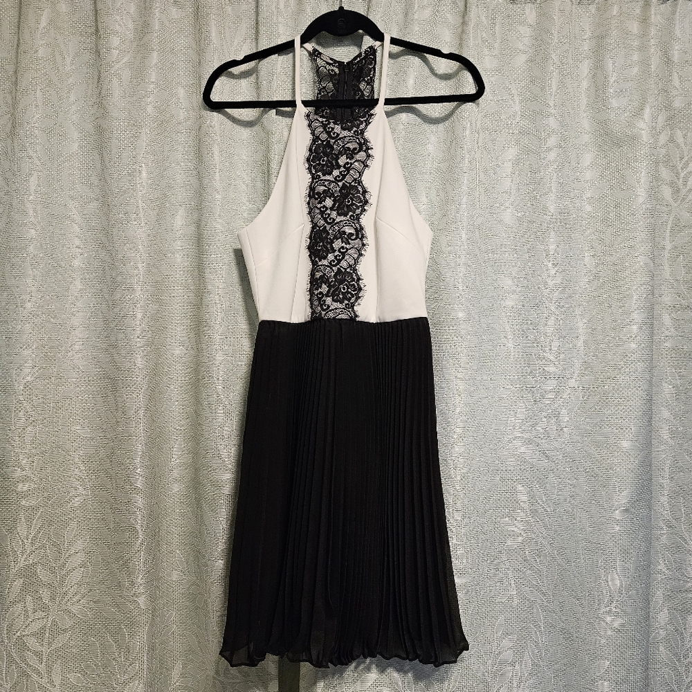 Max and Cleo Halter Pleated Lace Dress (Cream and Black, Size 10)